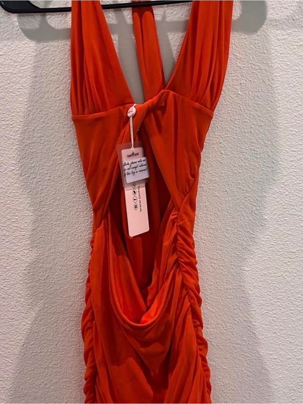 Oh Polly Orange Backless Ruched V-Neck Dress